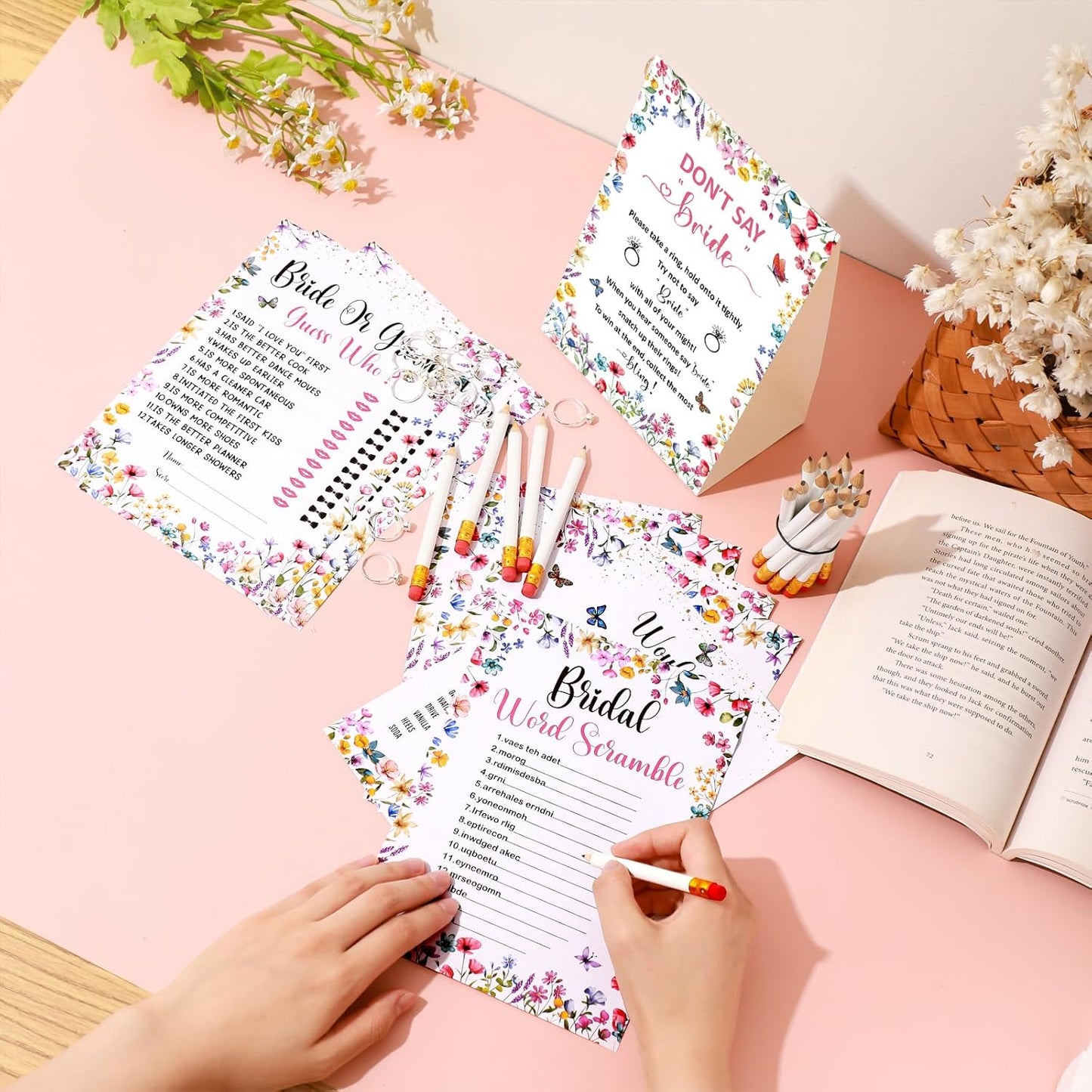 Estune 331 Pcs Bridal Shower Games Supplies, 5 Sets 250 Pcs Wedding Cards 1 Put a Ring on It Bridal Shower Games with 60 Rings and 20 Pencils(Wildflower Style)