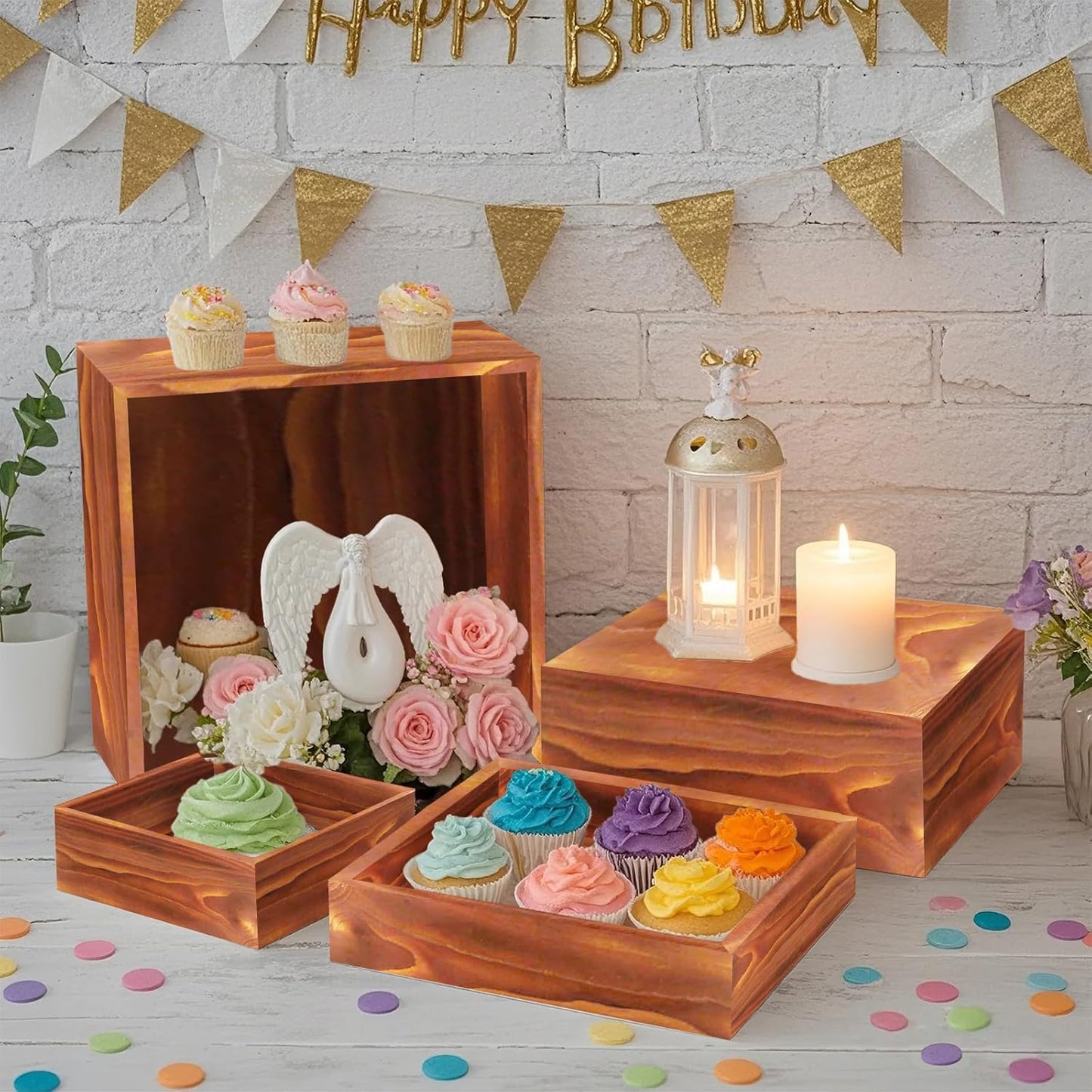 4 Pcs Buffet Risers, Wood Food Riser Dessert Display Stand for Party Wood Cupcake Stands Nesting Box for Display (Burnt)