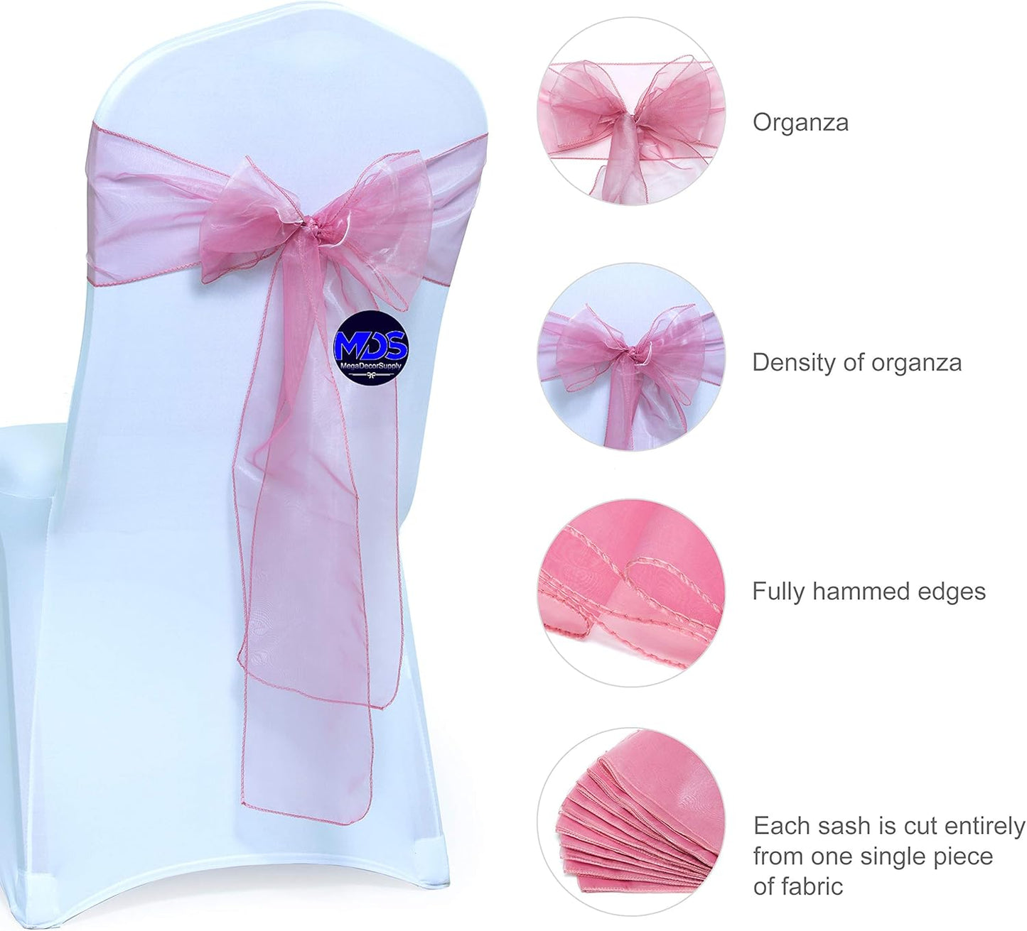 MDS Pack of 50 PCS Organza Chair Sashes Wider Dining Chair Bows Ribbon Tie Back for Wedding Party Birthday Bridal Shower Reception Event Banquet Home Chair Cover Decoration - Dusty Pink