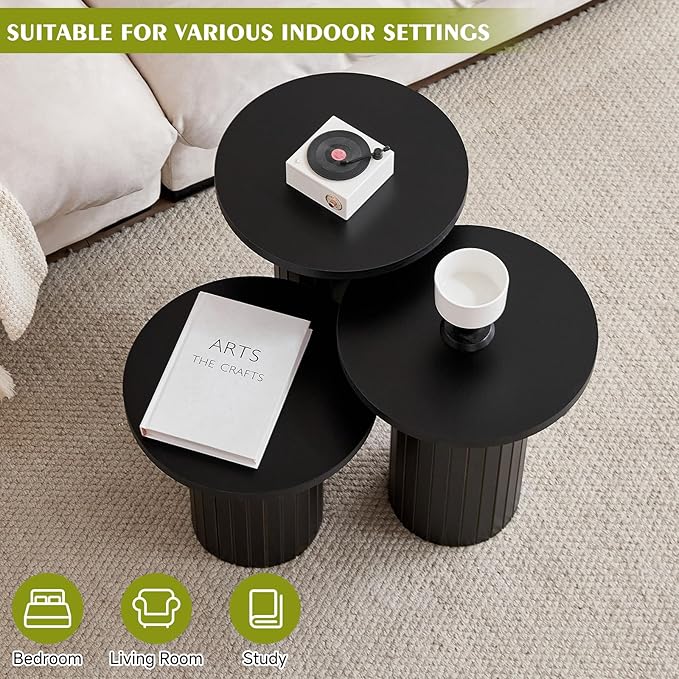 Round Side Tables Set of 3, Circle Modern Fluted Nesting Coffee Table, Accent - Image 4