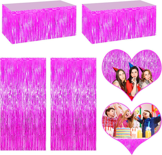 4P Metallic Foil Fringe Tinsel Table Skirts for Rectangle Tables Backdrop Banner Tinsel Streamer Garland Curtains for Parade Floats Wedding Graduation Anniversary Birthday Parties Decoration (Fuchsia)