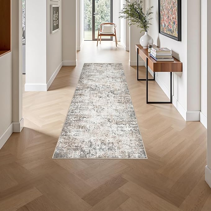 2'x6' Runner Rug Washable Rug: Modern Abstract Soft Thin Runner Rug Brown Grey - Image 4