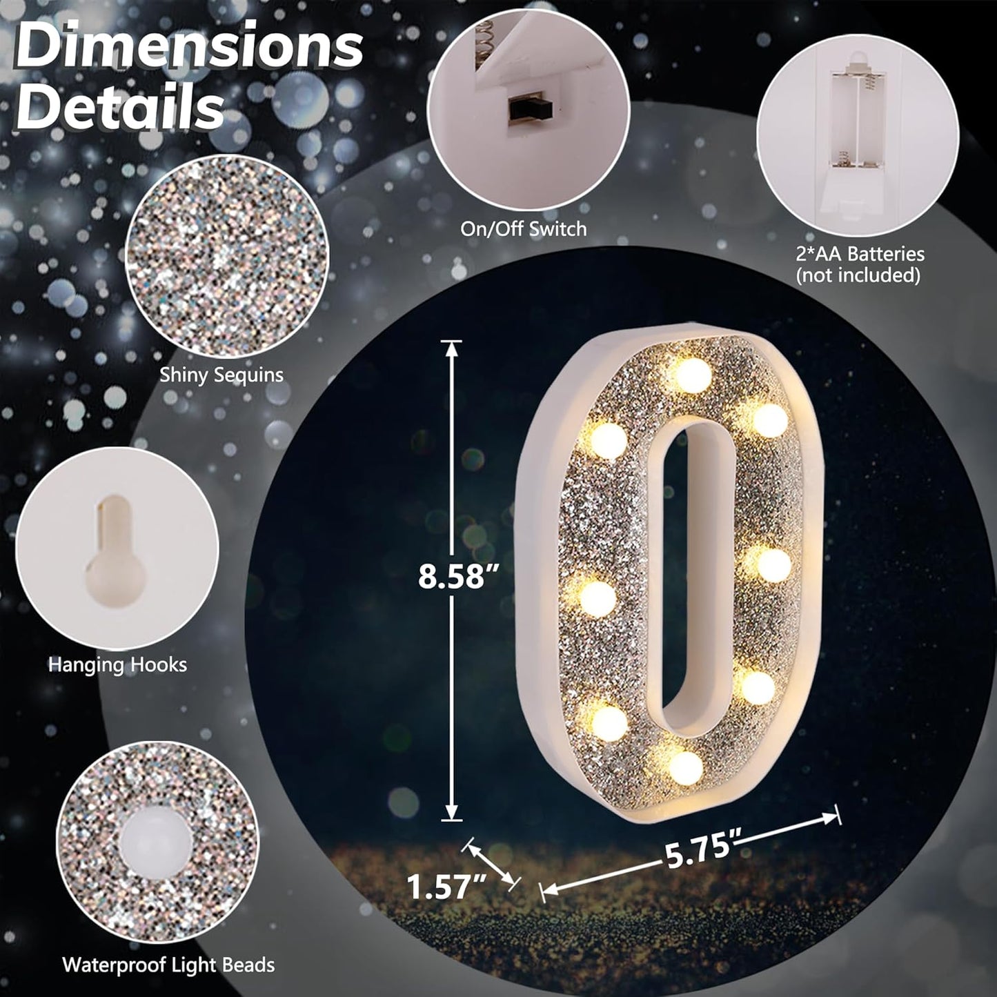 Marquee Light Up Letters, Glitter Silver LED Letter Lights Battery Powered Alphabet Letter Sign for Night Light Wedding Birthday Party Cafe Bar Decoration Girls Room Decor - O