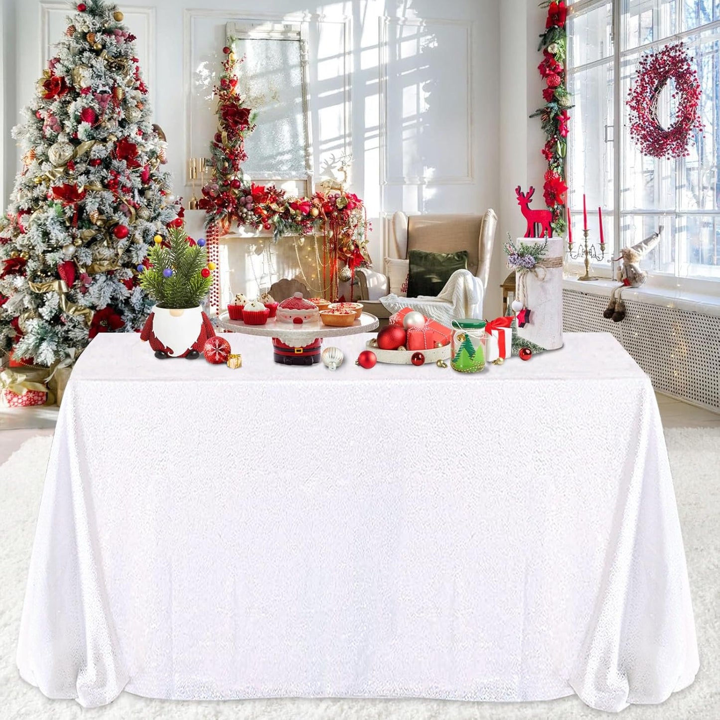 QueenDream Sparkly Sequin Tablecloth - White Table Cloth 50x80 Inches Rectangle Table Overlay Fabric for Birthday Parties Baby Shower Decoration