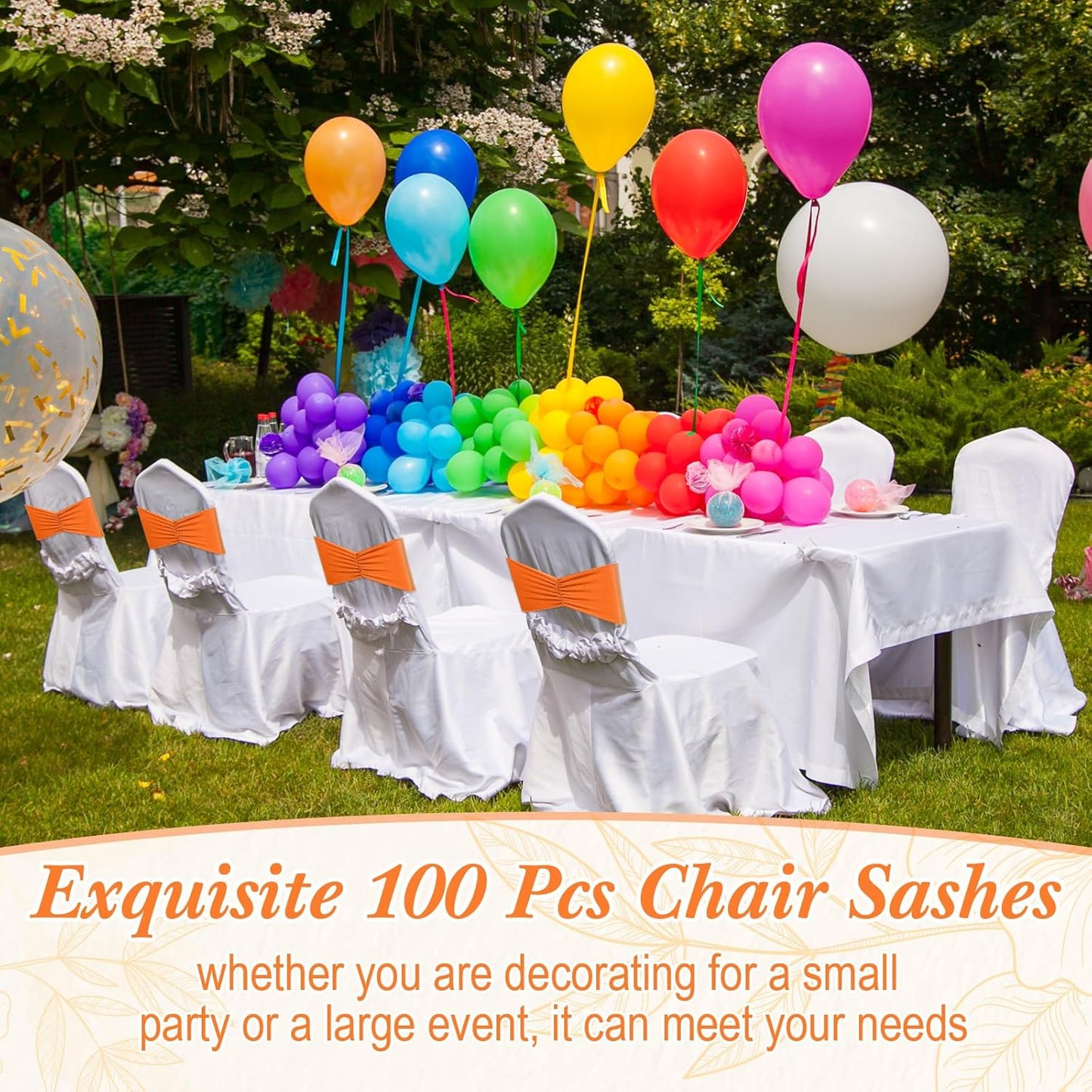 Moukeren 100 Pcs Spandex Chair Sashes Bows Bands Slider Sashes for Chair Covers Elastic Bands Ties Ribbon Decorations for Wedding Party Events Ceremony Birthday Banquet(Orange)