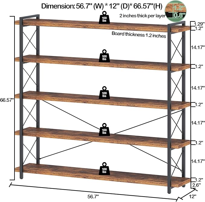 HCHQHS Large Bookshelf, 5-Tier Long Industrial Bookcase, Rustic Brown Book Shelf - Image 3