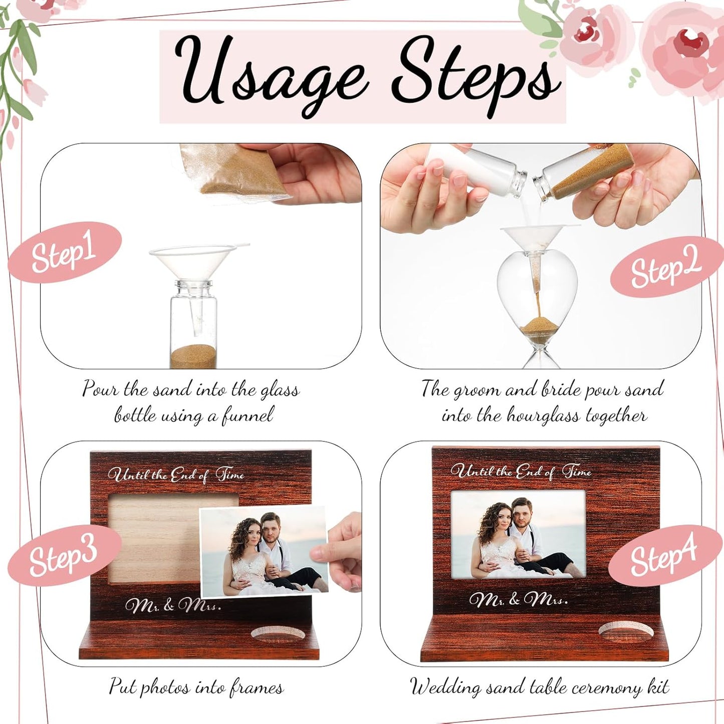 Blosssound Wedding Sand Ceremony Set Wooden Photo Frame, Hourglass Funnel, Sand, Glass Bottles, Mr and Mrs Until The End of Time Unity Kit for Weddings Ceremony Party Supplies(Walnut)