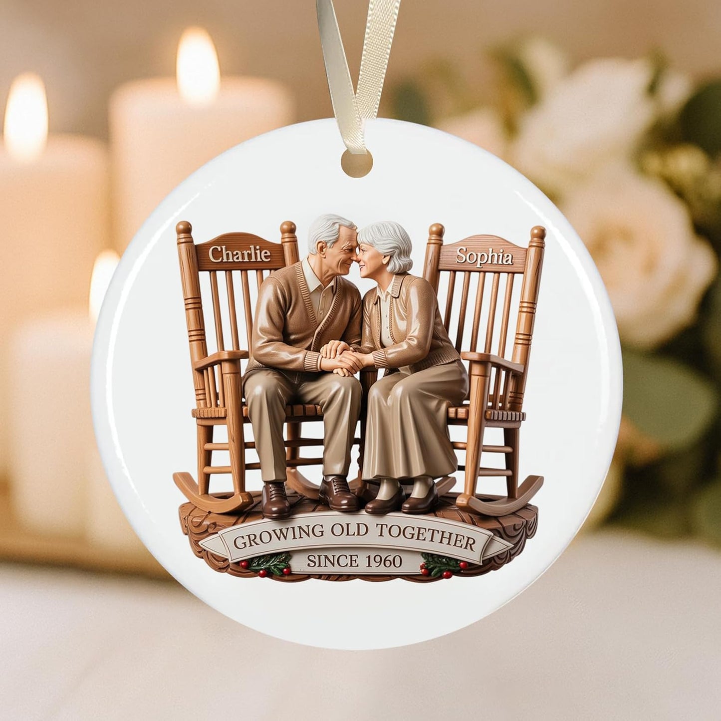 Love Signal Growing Old Together Christmas Ornament, Personalized Couple Ornaments for Christmas Tree Decor, Gifts for Wife Husband Mom Dad Women Men, Boyfriend, 2D Flat Acrylic, Ceramic Ornament 01