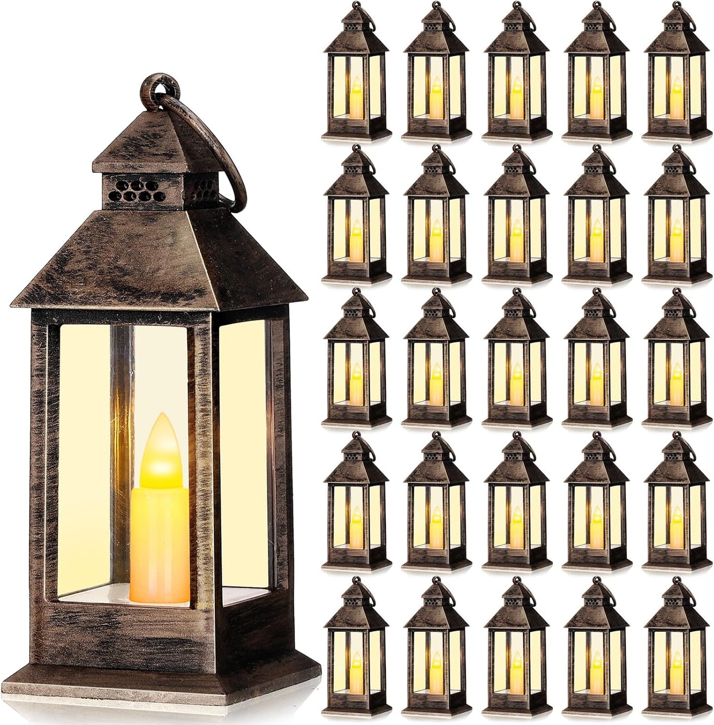 Hoolerry 24 Set Halloween Mini Lanterns with LED Candles 5.5'' Decorative Hanging Small Vintage Lantern Centerpiece Battery Powered for Wedding Table(Rustic)