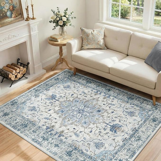 RELEANY Area Rugs 4'x6' Washable Non-Slip, Floral Vintage Distress Print by RELEANY