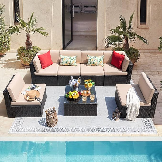 Devoko 7 Pieces Outdoor Sectional Sofa Patio Furniture Sets Manual Weaving by DEVOKO