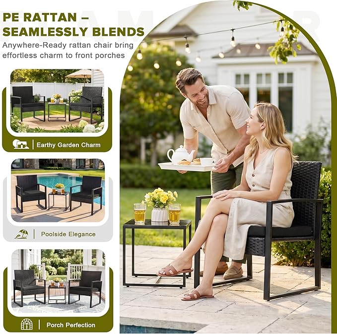 Flamaker 3 Pieces Outdoor Patio Wicker Furniture Set, Modern Rattan Chair - Image 3