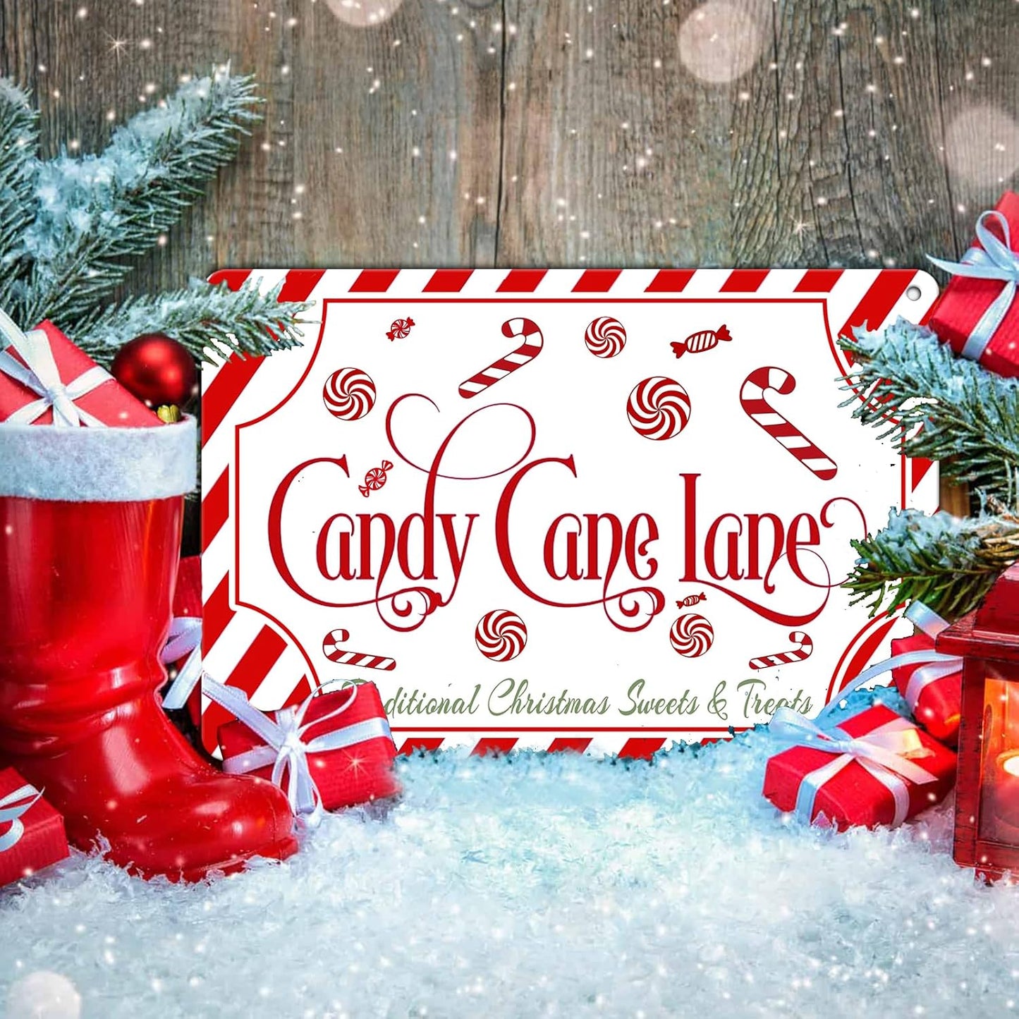 Christmas Candy Cane Lane Metal Tin Sign Traditional Christmas Sweets and Treats Winter Sign for Home Living Room Outdoor or Indoor Wall Decor Gift Christmas Candy Cane Lollipop 8x12Inch