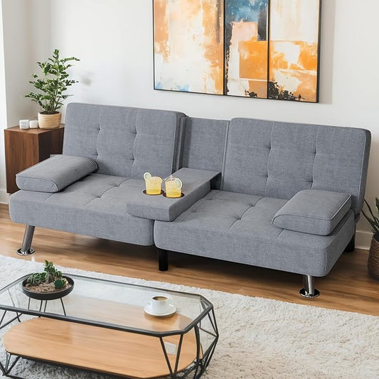 Shahoo Modern Linen Upholstered Convertible Folding Futon Sofa Bed by BuynowfromShahoo