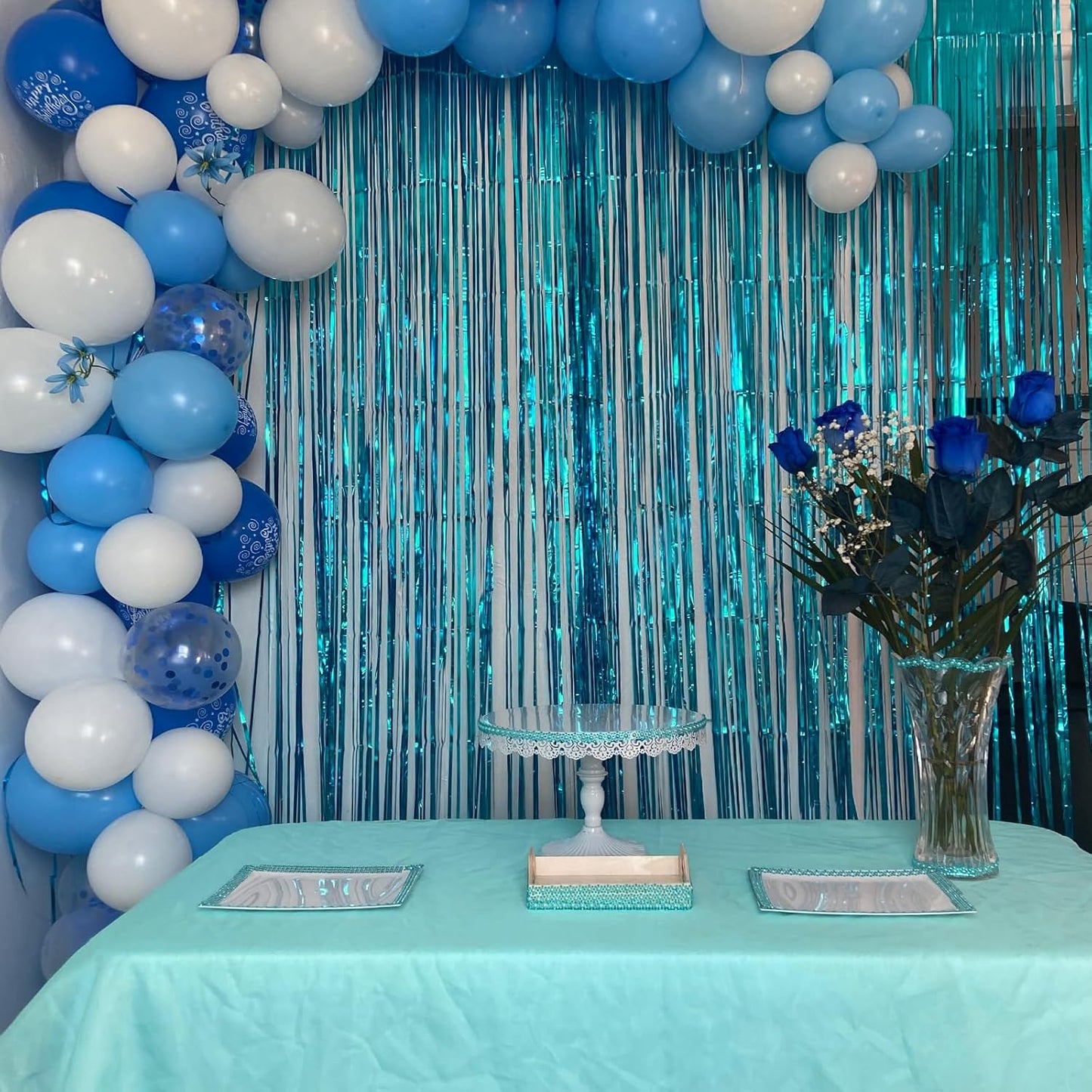 CANREVEL 2 Pack 3.3x8.2 Feet Light Blue Foil Fringe Backdrop Curtains, Tinsel Streamers Birthday Party Decorations, Fringe Backdrop for Birthday Baby Shower Mermaid Under The Sea Ocean Frozen Party
