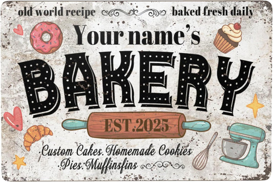 Custom Bakery Metal Sign Personalized Baked Goods Bakers Signs Decor Fresh Bread Daily Rustic Pies Cakes Decor Homemade Plaque Tin Wall Art Gifts