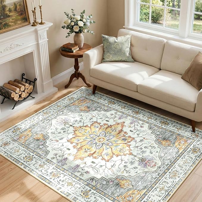 RELEANY Area Rugs 4'x6' Washable Non-Slip, Floral Vintage Distress Print by RELEANY
