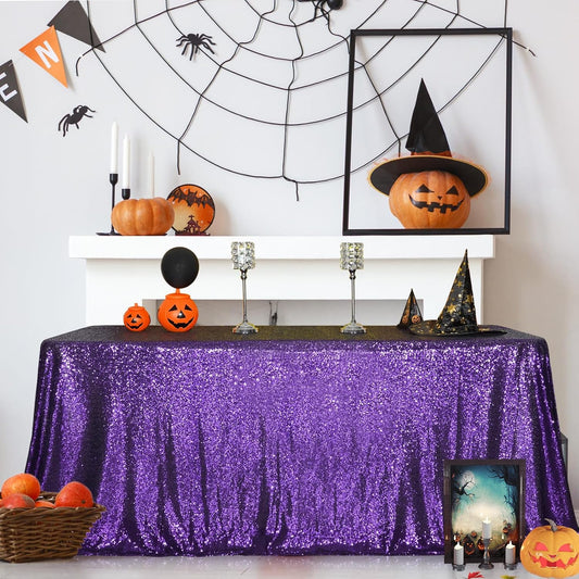SquarePie Sequin Tablecloth 60 x 102 Inch Purple Sparkly Table Cloth for Halloween Wedding Party