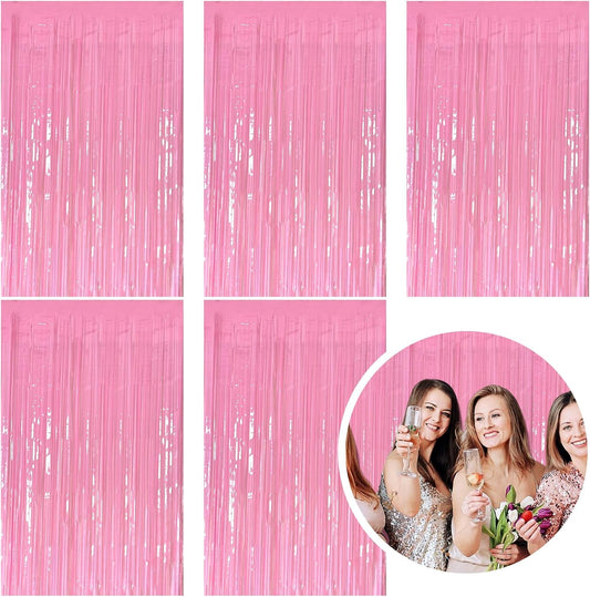 5 Pack Foil Curtain Pink Backdrop Streamers Metallic Tinsel Fringe Curtains Photo Booth Props for Birthday Wedding Engagement Bachelorette Christmas Holiday Celebration Party Decorations
