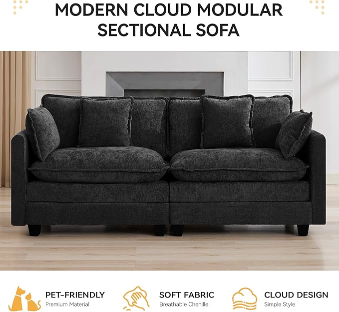 76'' Cloud Deep Seat Loveseat, Upholstered Chenille Modular 2-Seats Sectional - Image 6