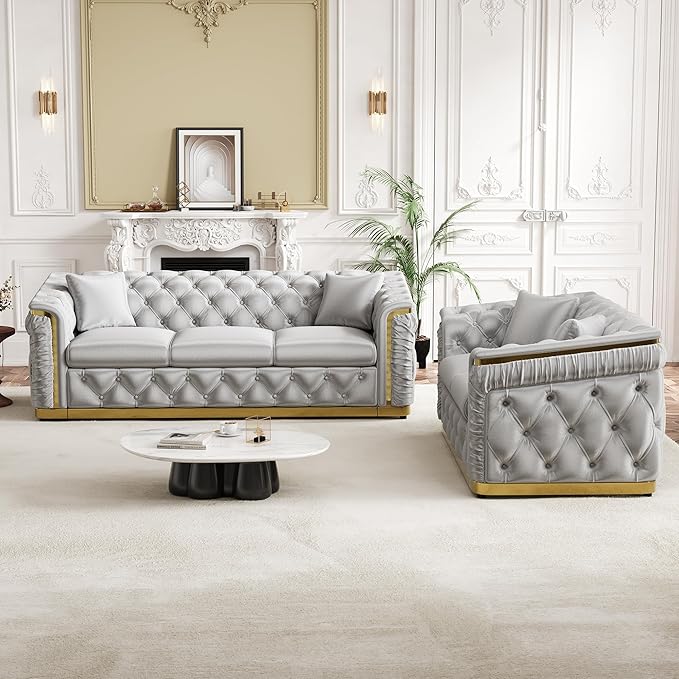 2 Piece Velvet Chesterfield Sofa Luxury Tufted Sofa Black and Gold Couch Set - Image 6