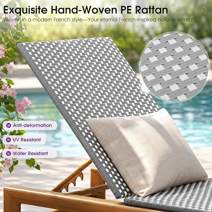 PURPLE LEAF Patio Chaise Lounge French Outdoor Lounger 1 Piece Matte Teak Grain - Image 3