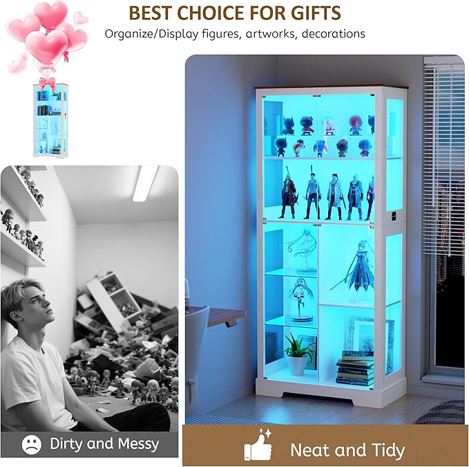 71” Display Cabinet with Glass Doors, Modern Curio Cabinet with 3 Color Lights - Image 6