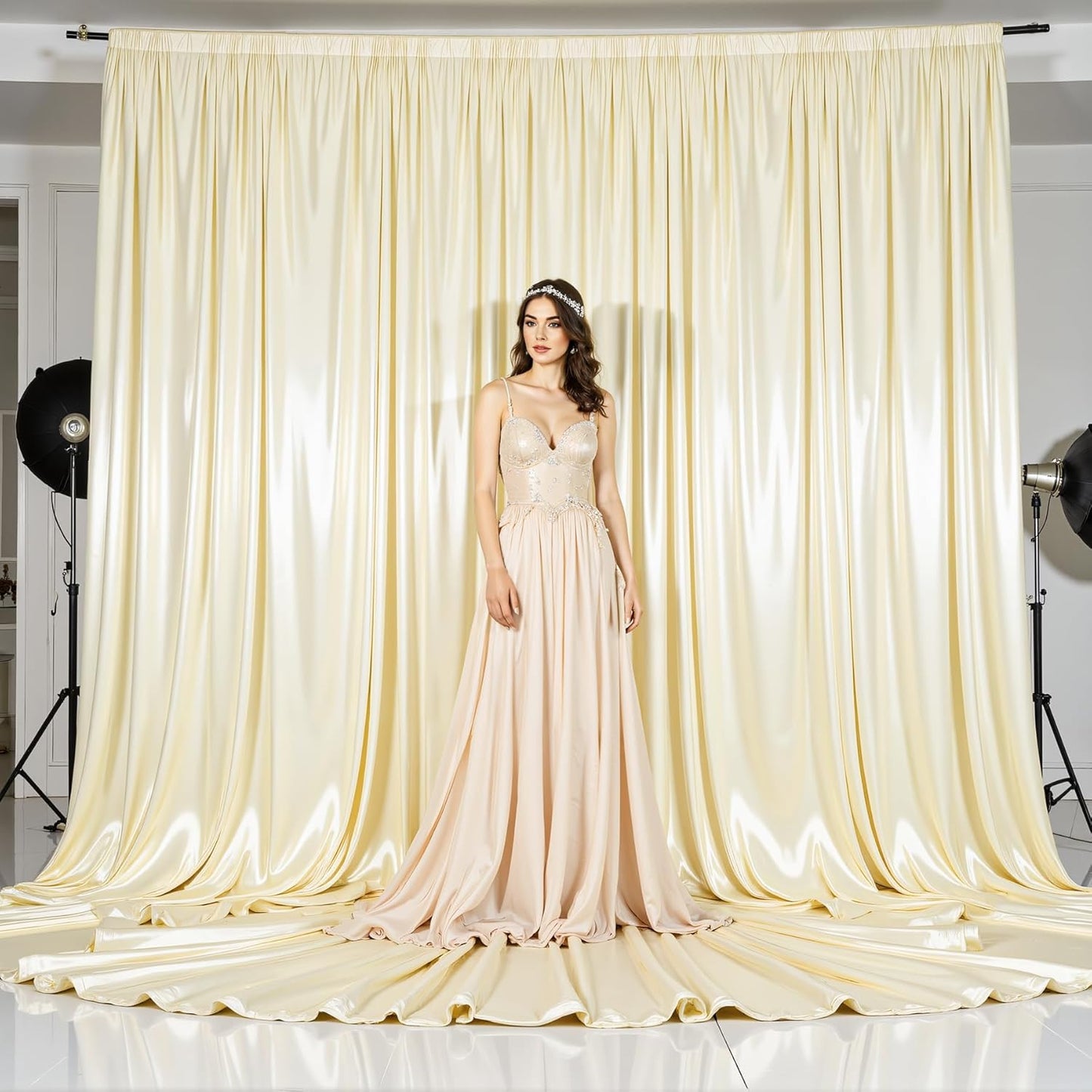 Champagne Satin Backdrop Curtains 2 Panels - Glitter Photo Drapes for Baby Shower, 10x10FT Shimmer Back Drop Cloth, Wrinkle Free for Birthday Party Prom Wedding Stage Background