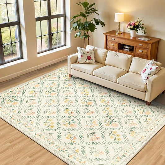 Area Rug Living Room Rugs: Floral 5x7 Washable Rug Vintage Soft Boho Non-Slip by PLHXFRSoftAreaRugs