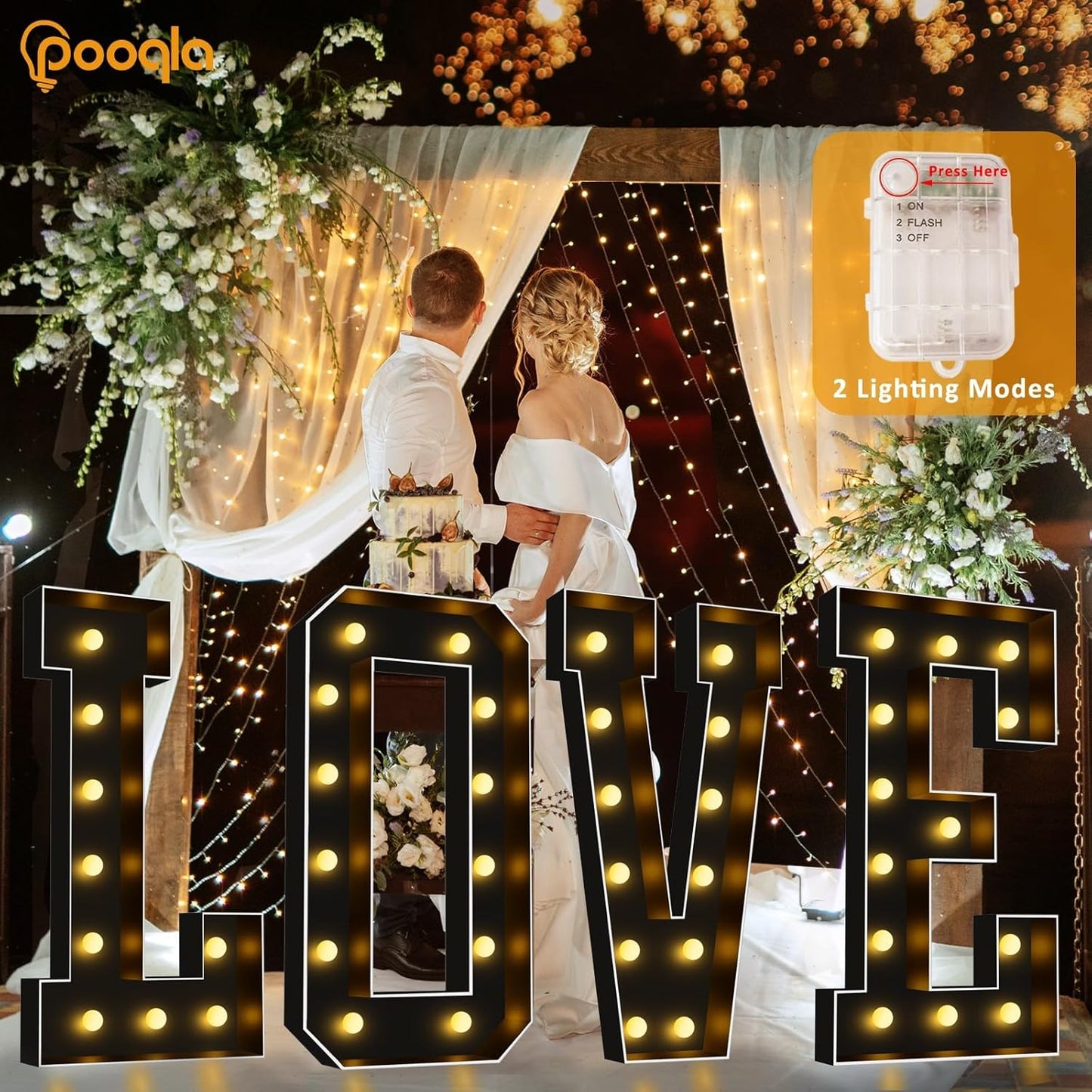 Pooqla 4 FT Marquee Light Up Letters, Black Marquee Letter Lights 4 Feet Tall, Giant Mosaic Sign Big for Balloons Birthday Party Anniversary Wedding Decorations, Warm White Letter Q