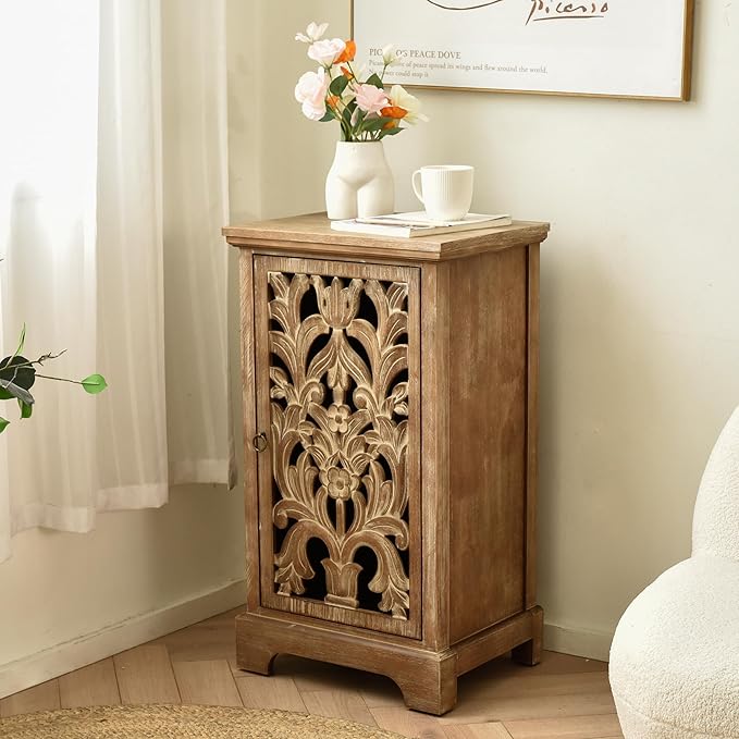eHemco Vintage Hollow Carved Door End Table, Storage Cabinet - Image 2