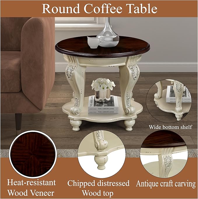 Solid Wood End Table, 2-Tier Round Sofa Side Table - Image 4