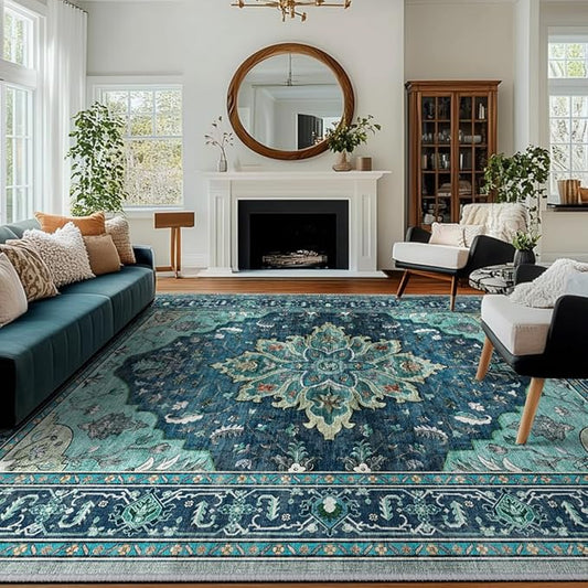 RELEANY Area Rugs 8'x10' Washable Non-Slip, Floral Vintage Distress Print by RELEANY