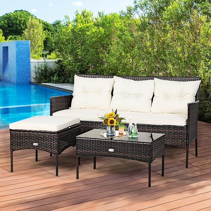 Tangkula 3 Pieces Patio Conversation Set, Outdoor PE Rattan Wicker Furniture - Image 3