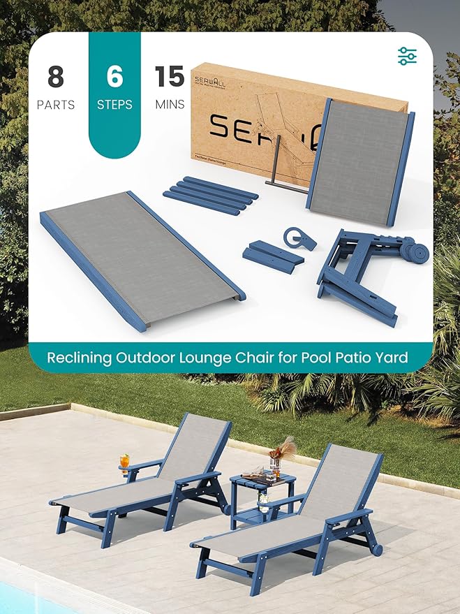 SERWALL Textilene Patio Chaise Lounge Chair, 5 Positions Adjustable Outdoor - Image 8