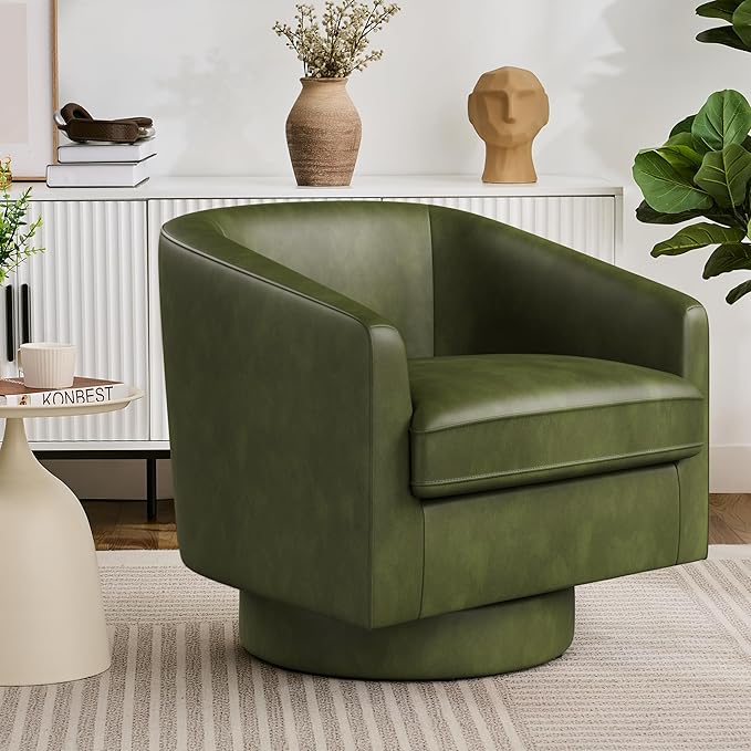 Swivel Barrel Accent Chair, Round Faux Leather Living Room Arm Chairs, Modern by ErdoruLiving