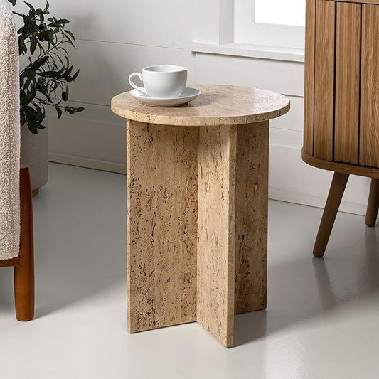 JONATHAN Y Javier Solid Travertine Marble End Table, 14-inch Round Modern by JONATHANY