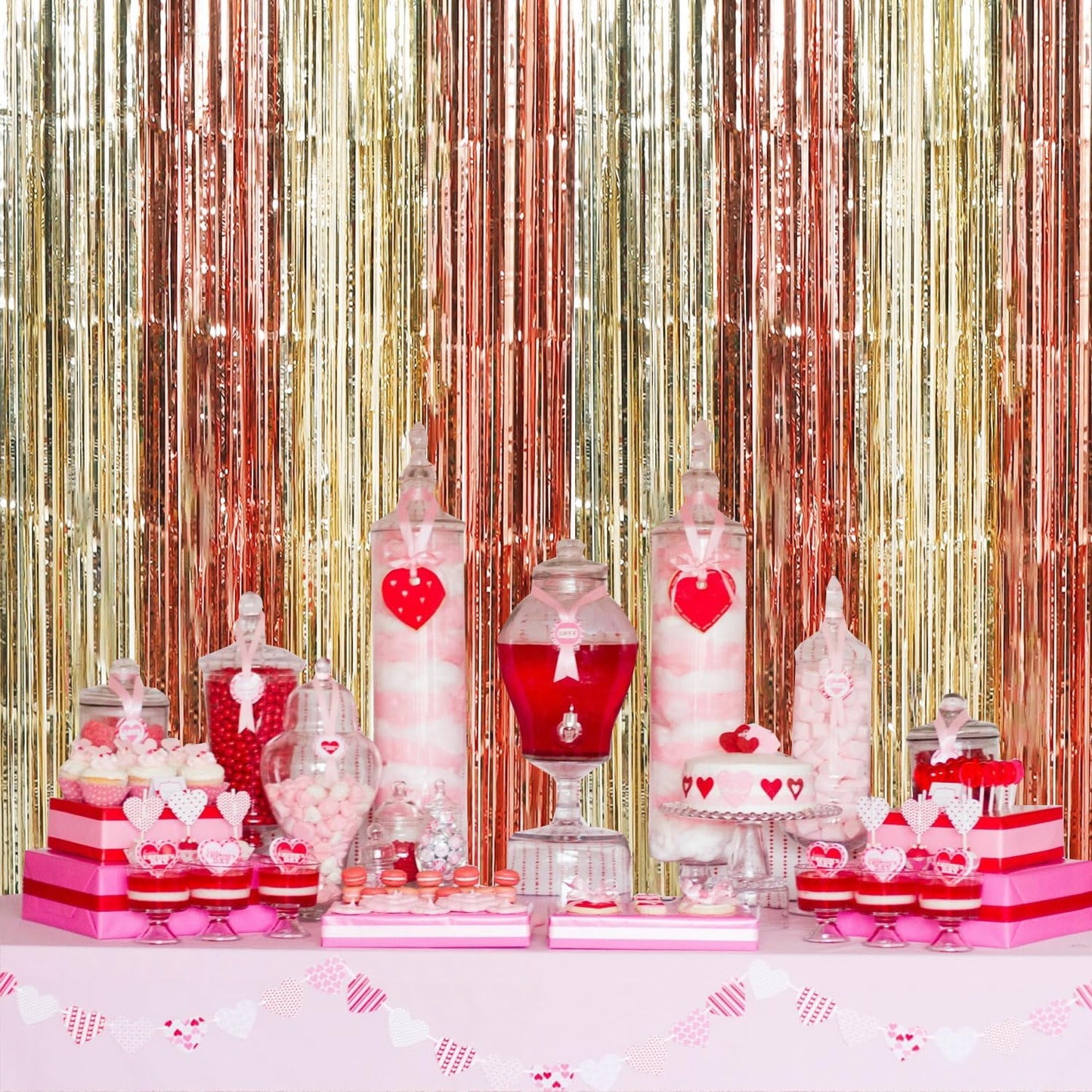 TONIFUL Valentine's Day Door Streamers,Rose Gold and Light Gold Photo Booth Backdrop Metallic Streamers Foil Fringe Curtain for Birthday Bridal Shower Engagement Party Decoration