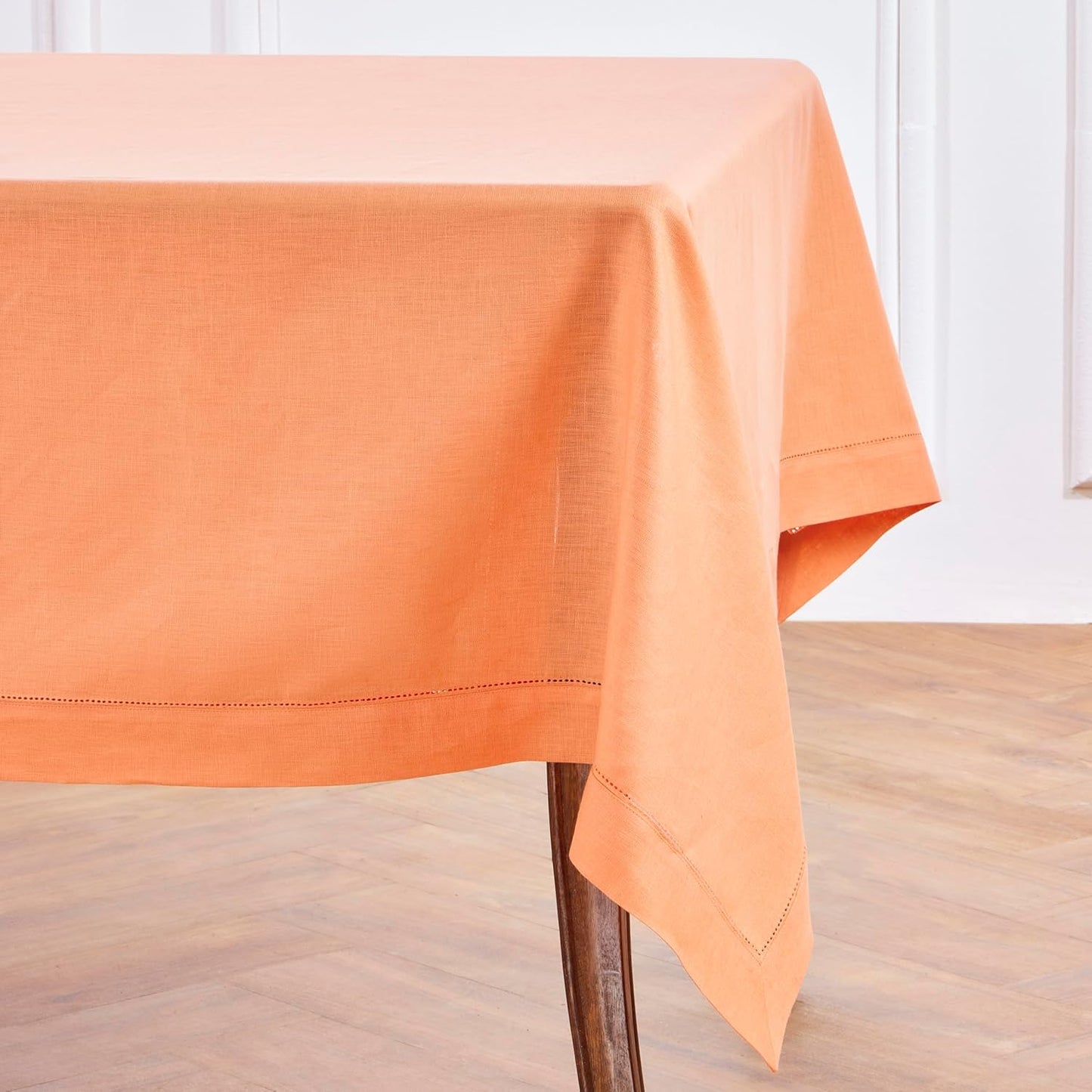 Solino Home Linen Tablecloth for Rectangle Tables 60 x 120 Inch - Classic Hemstitch 100% Pure Linen Coral Table Cloth - Machine Washable Cloth Tablecloth