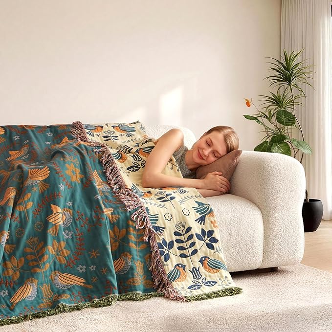 LUTBM Queen Throw Blanket for Bed 100% Cotton Boho Soft Quilt Birds and Floral - Image 8