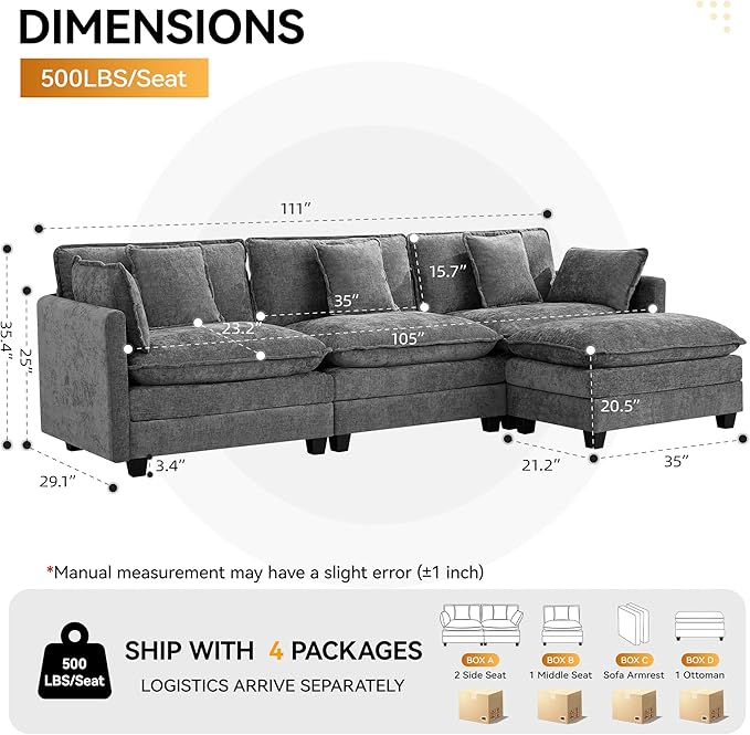 111'' Sectional Cloud Deep Seat Couch, Modern Comfy Chenille L Shaped Sectional - Image 2