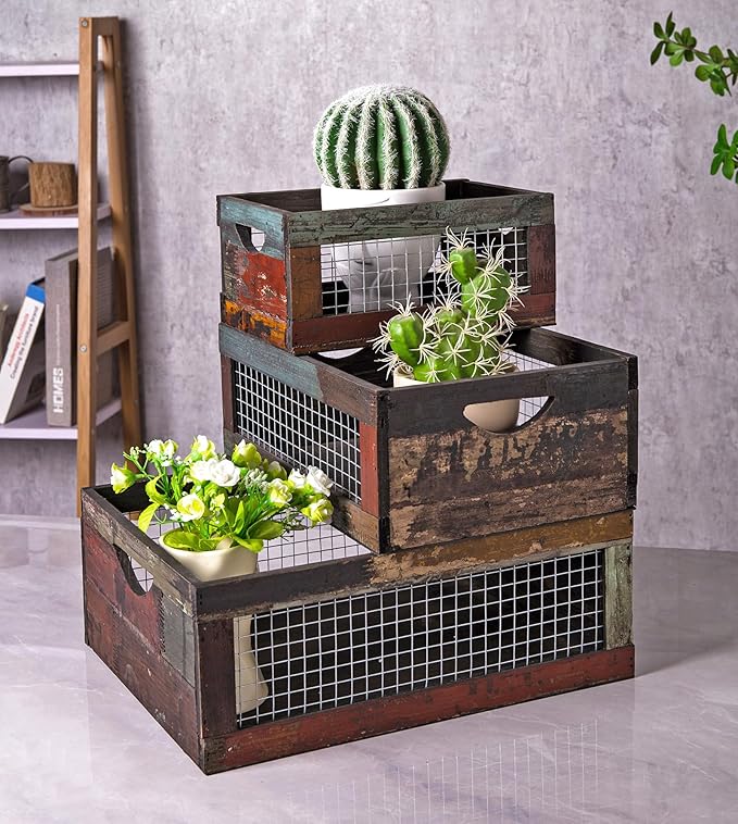 TIMRIS Set of 3 Rustic Wood Nesting Crates, Farmhouse Distressed Wooden Storage - Image 2