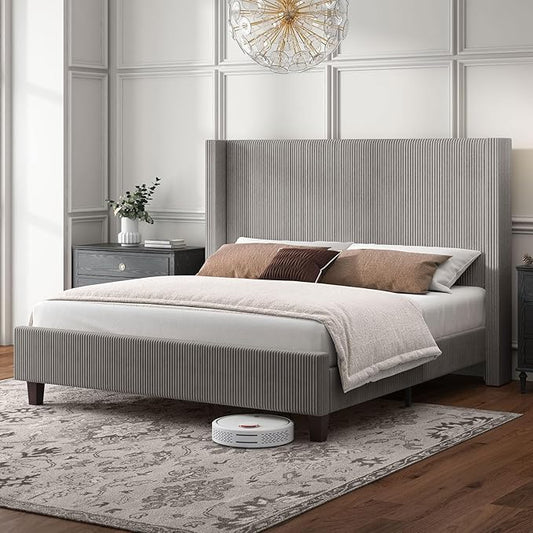 HOWE Queen Size Bed Frame with 50.8" Tall Wingback Headboard, Modern Corduroy by HOWE