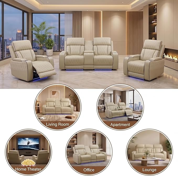 Power Recliner Sofa Set with LED Lights, Includes 2 Manual Recliner 1 Seat and - Image 6