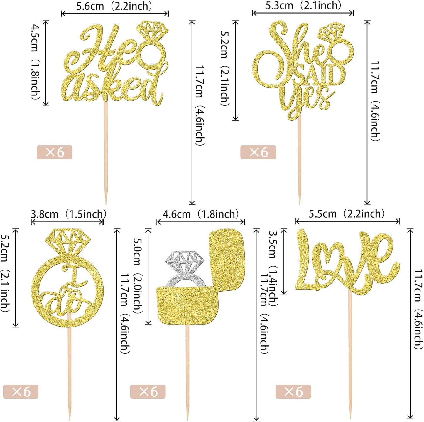 30 PCS He Asked She Said Yes Cupcake Toppers Love I Do Diamond Ring Cupcake Picks for Wedding Enaggement Bridal Shower Party Cake Decorations Supplies Gold