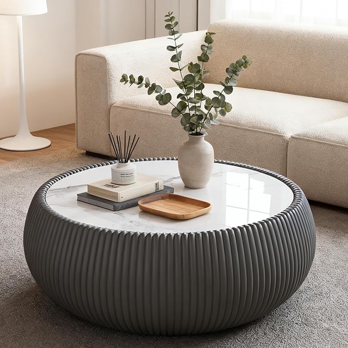 SSLine Round Drum Coffee Table Modern Sintered Stone Top Coffee Table in Grey - Image 4