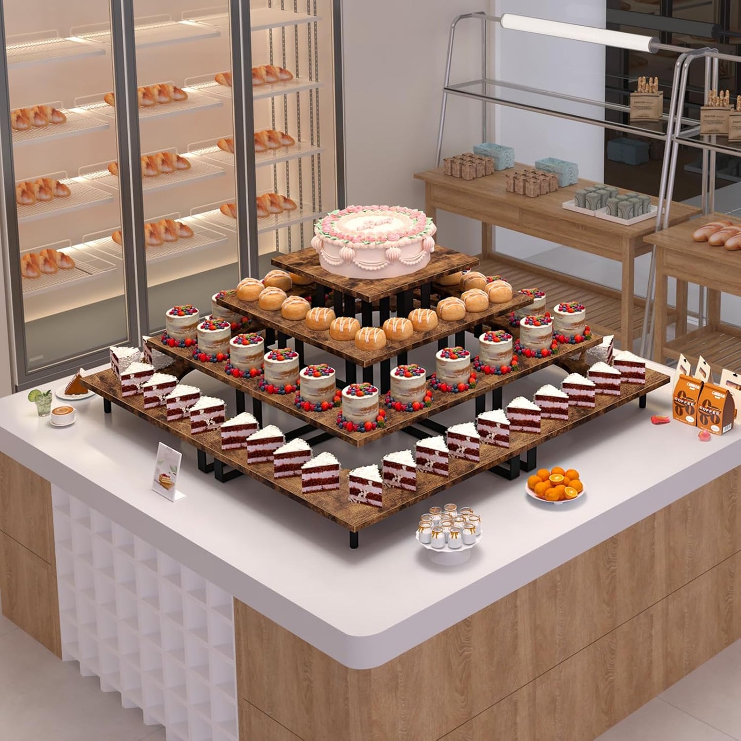 ELITEROO Wooden Cupcake Stand, Tiered Cupcake Display Tower Stand for 24 Cupcakes, Dessert Table Display Set, Buffet Risers Food Stands for Display Party Baby Shower, Rustic Brown Right Angle Corner