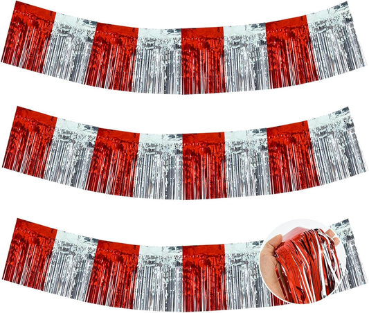 BEISHIDA 3 Packs Red Silver Metallic Foil Fringe Garland Red Silver Wall Hanging Tinsel Fringe Banners for Halloween Floats Bridal Shower Wedding Birthday Graduation Holiday Party Decoration(30 Ft)