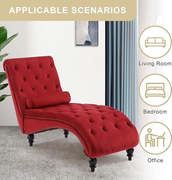 Chaise Lounge Indoor, Velvet Upholstered Lounge Chair Button-Tufted Armless - Image 7