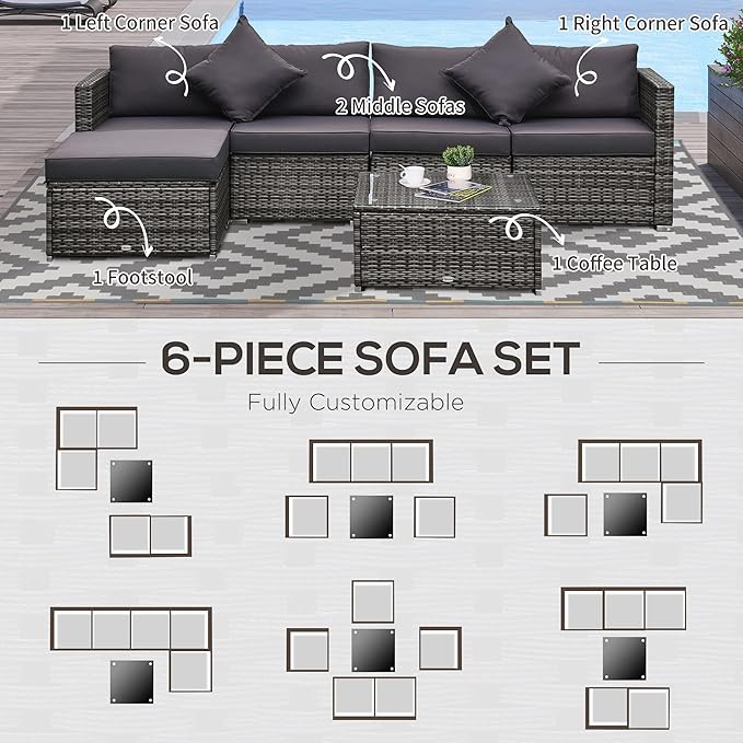 Outsunny 6 Piece Patio Furniture Set Outdoor Wicker Conversation Set All - Image 6